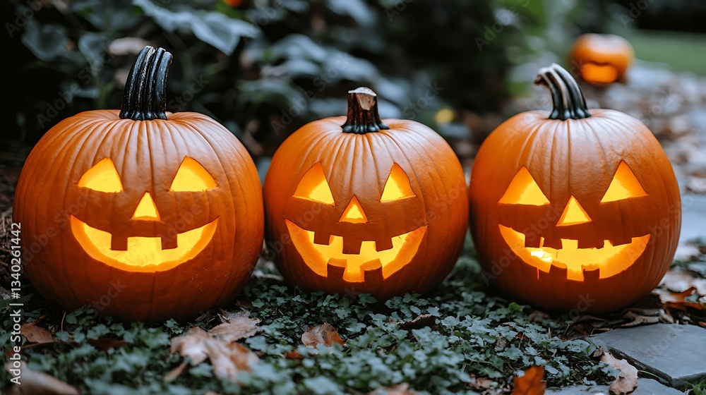 Three illuminated jack-o'-lanterns outdoors. Three illuminated jack-o'-lanterns outdoors.