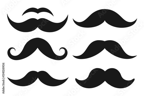 Vector illustration of a seamless set of mustaches and beards in silhouette, featuring various styles like curly and retro, perfect for fashion, vintage, and hipster designs