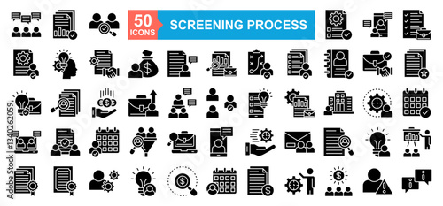 Screening Process Icon Sheet Conversation, Approved, Certificate, Resume, Career, Appointment, Hiring, Approval, Video Conference, Check List, Hiring, Thinking, Contract, Salary, Job, Strategy