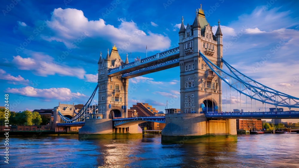 Obraz premium A stunning ultra-realistic image of the Tower Bridge in London, beautifully illuminated under a vibrant blue sky with soft clouds reflecting on the Thames River