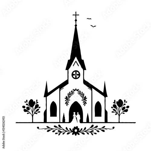 a minimalistic silhouette of a Church Wedding outline with a bold black line on a clean white background