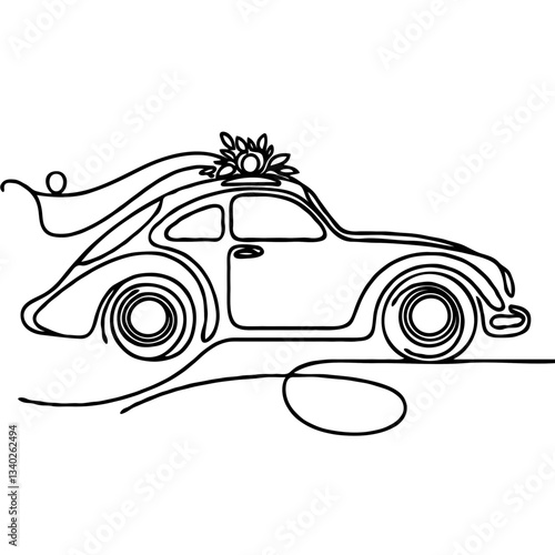 A simple, minimalistic, single-line drawing of Just married car, created in a line art style. The design is clean and elegant, with smooth, flowing curves and no shading or additional details.