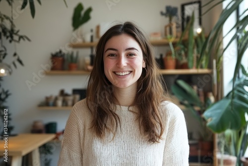 A happy young woman SME owner in an eco-conscious shop  explaining her sustainable business practices and zero-waste policies in a live stream video.
