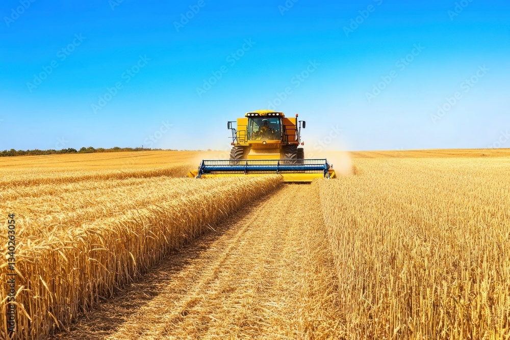 Fototapeta premium A hardworking farmer driving a combine harvester through golden fields, a clear blue sky overhead.