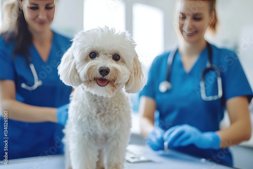 A veterinary hospital with multiple nurses assisting in a thorough Maltipoo checkup.