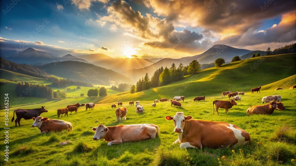 Fototapeta premium Long Exposure: Serene Cows Resting in Sunny Alpine Pasture