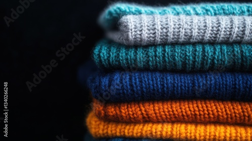 A collection of soft, knitted sweaters in various colors are stacked neatly, showcasing shades of grey, teal, blue, orange, and green