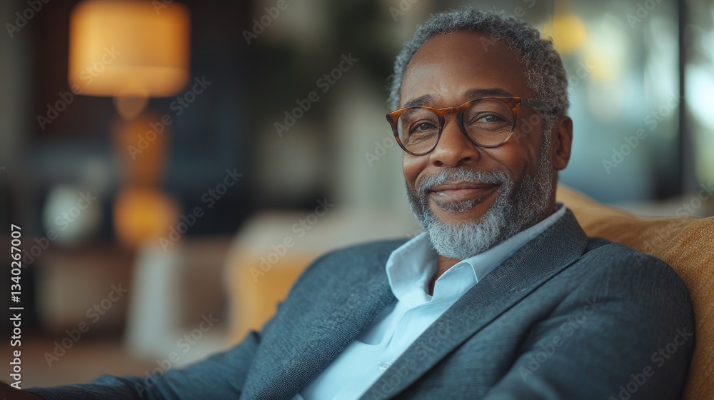 Fototapeta premium Smiling senior man in glasses sits in a chair, looking at the camera.