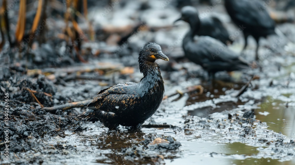 Fototapeta premium A bird wades through muddy water, surrounded by others, highlighting the impact of pollution on wildlife and their habitats.
