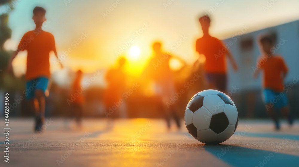 Fototapeta premium Young children in orange shirts run towards a soccer ball on a court as the sun sets, creating a warm glow in the background