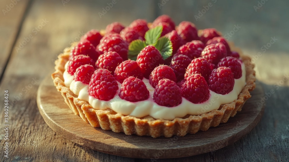 Raspberry tart with creamy topping on rustic wooden table, dessert photography