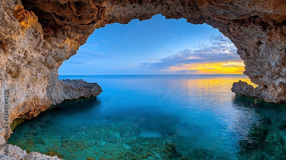Fototapeta premium Serene Sunrise Seascape Viewed Through Coastal Rock Arch