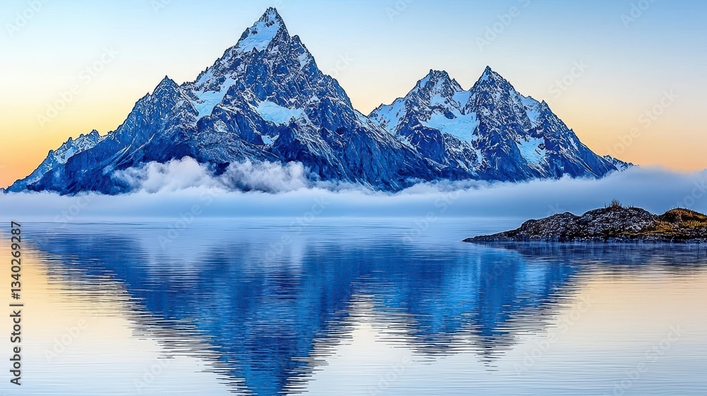 Fototapeta premium Serene Sunrise over Snow Capped Mountains Reflected in Still Water