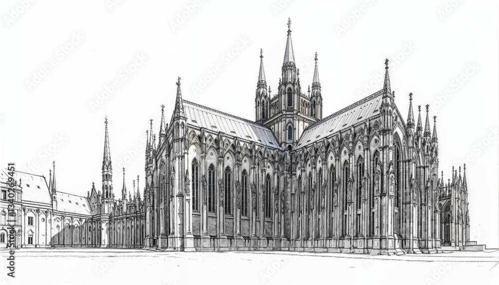 Fototapeta premium Intricate Gothic Cathedral Drawing with Elaborate Architectural Details