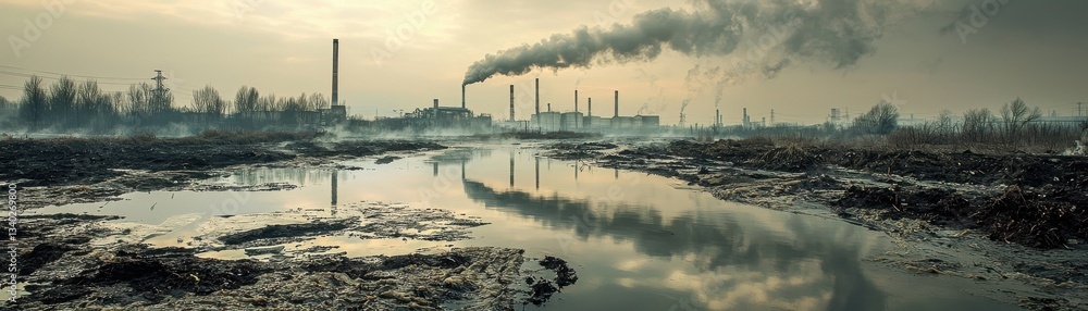 A hazy industrial landscape with smoke rising from chimneys, reflecting in a polluted water body, illustrating environmental degradation. A hazy industrial landscape with smoke rising from chimneys, reflecting in a polluted water body, illustrating environmental degradation.