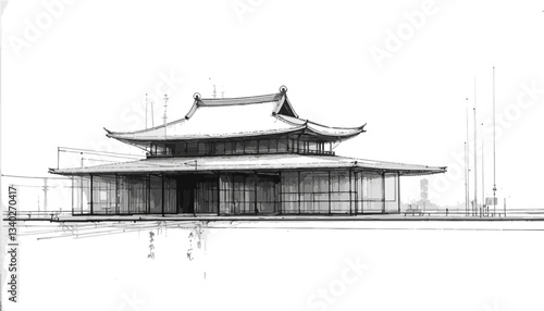 Traditional East Asian Temple Pavilion Architectural Sketch with Artistic Precision