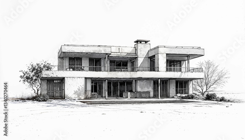 modern, home, architectural, sketch, two-story, design, flat-roof, windows, minimalist, residential, contemporary, landscape, professional, geometric, clean-lines, elegant, structural, precise, innova