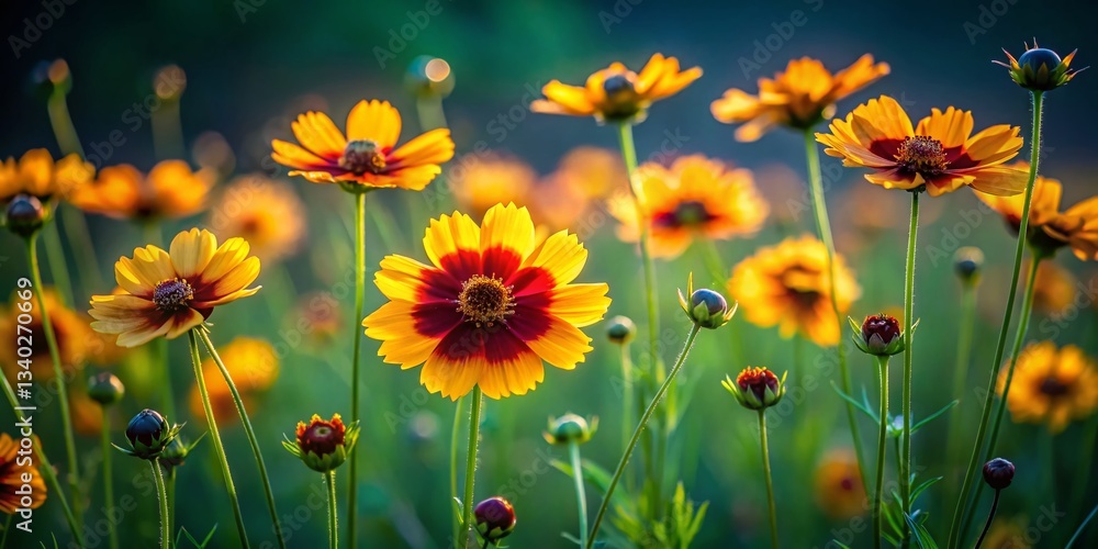 Obraz premium Low Light Coreopsis Lanceolata Wildflowers in Green Field - Stock Photo