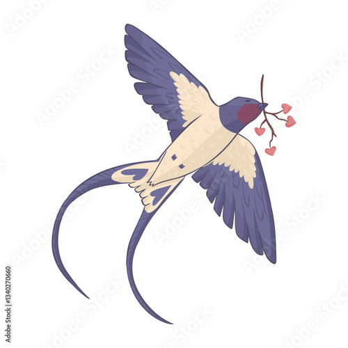 A swallow flies in the sky and holds a twig in its beak. The bird brings spring and love. Isolated illustration