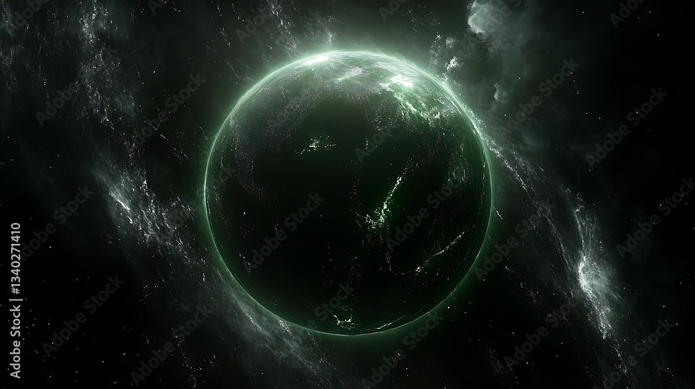 Obraz premium A glowing green planet amidst a dark and star filled space scene