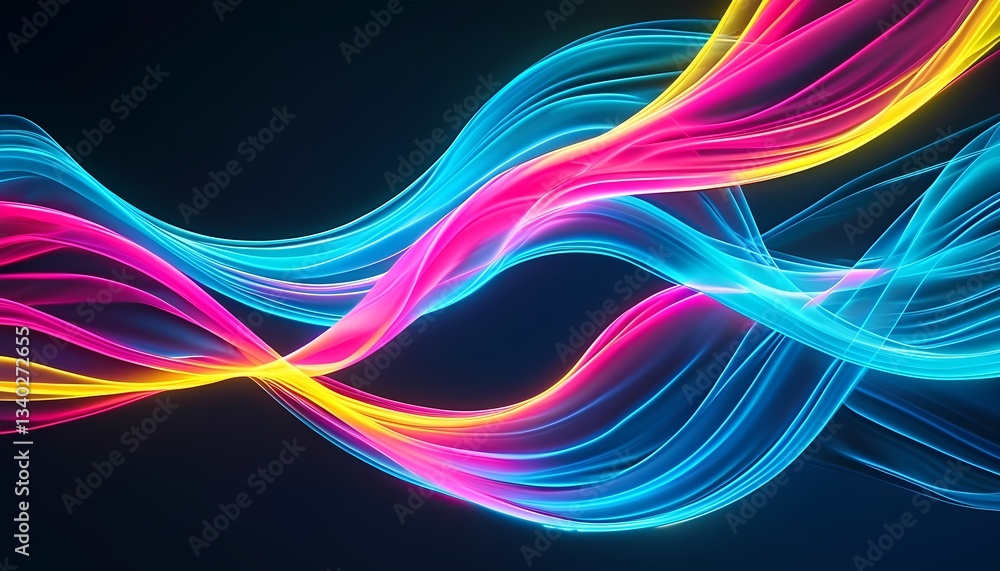 Vibrant Neon Light Waves Flowing in Dark Abstract Background Vibrant Neon Light Waves Flowing in Dark Abstract Background