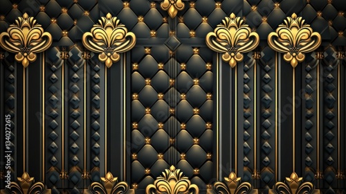 Fototapeta Naklejka Na Ścianę i Meble -  Ornate black and gold wall paneling with embossed floral designs.