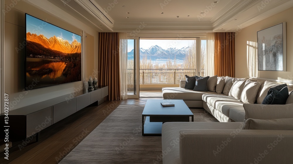 Fototapeta premium Luxurious living room with large screen TV showcasing scenic mountain view.