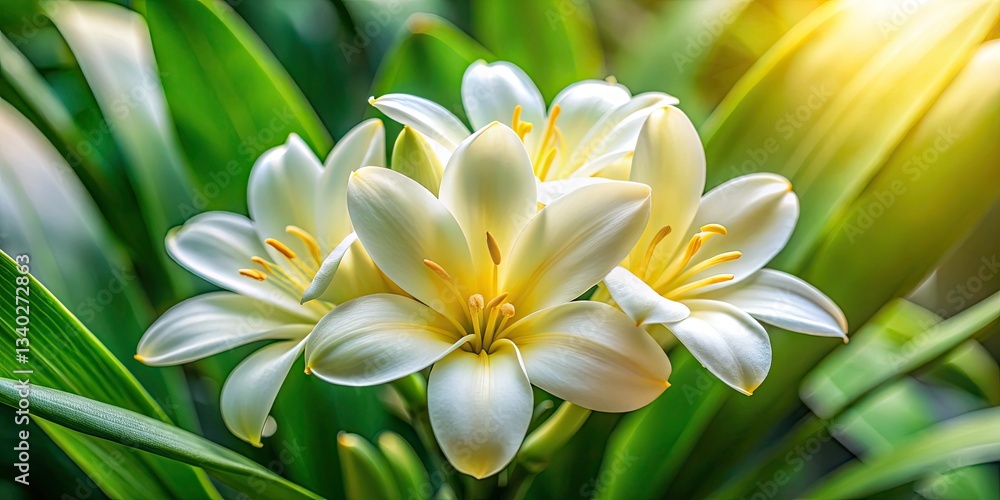Fototapeta premium Creamy White Clivia Flower, Yellow Center, Tropical Plant, High Depth of Field, Portrait Photography, Green Leaves Background