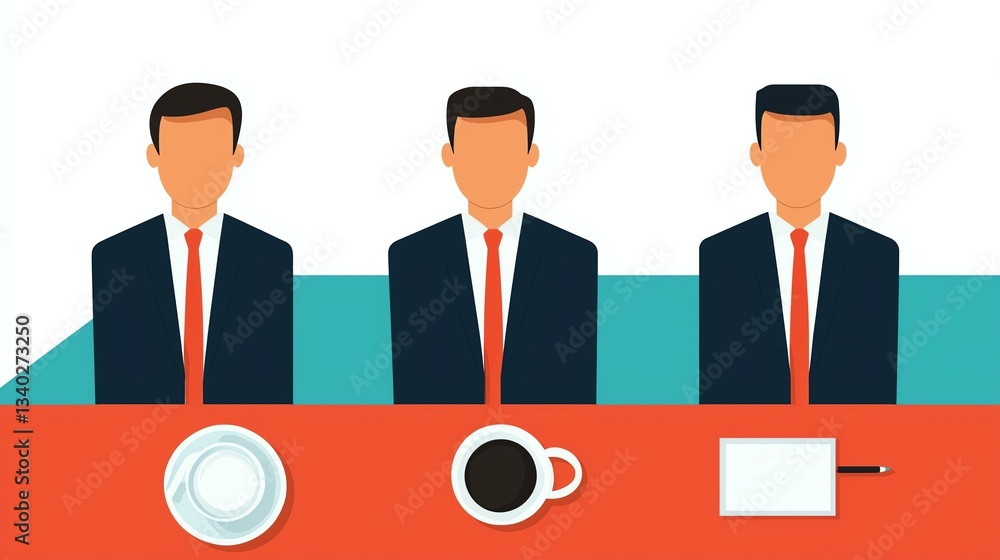Obraz premium Business presentation relevance concept. Three faceless businessmen at a meeting table with coffee and plates.