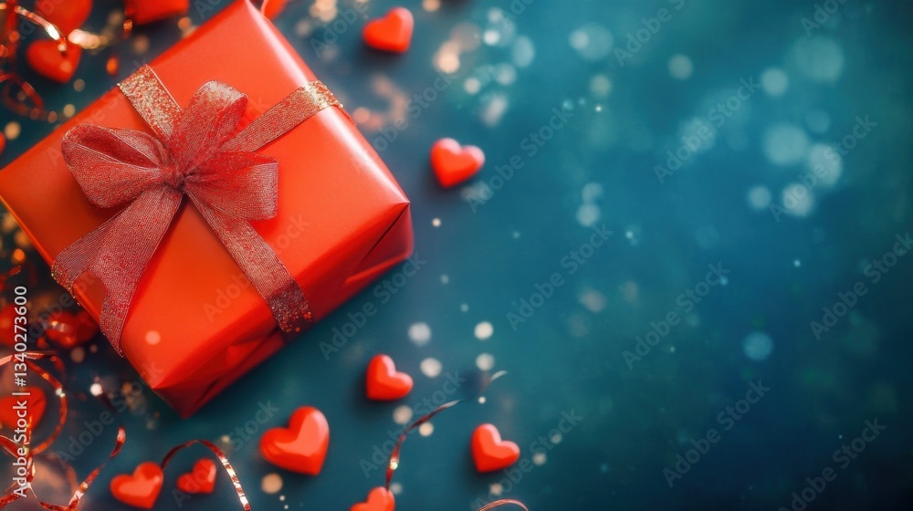 Obraz premium A vibrant red gift box with an elegant ribbon sits amid scattered heart-shaped decorations, creating a romantic and festive atmosphere