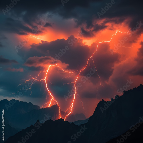 dramatic storm over jagged mountains, with fiery red lightning bolts tearing through dark swirling clouds