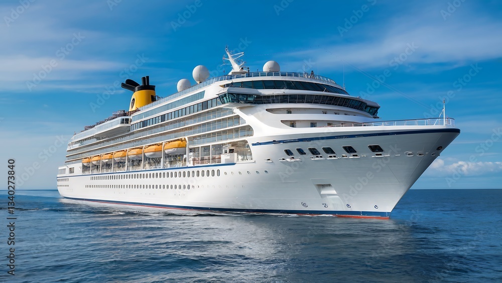 A grand white luxury cruise ship sailing across the open sea under a clear blue sky A grand white luxury cruise ship sailing across the open sea under a clear blue sky