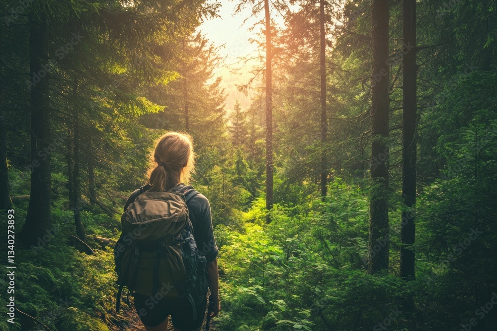 A hiker pausing to take in the beauty of the radiant forest around them. A hiker pausing to take in the beauty of the radiant forest around them.