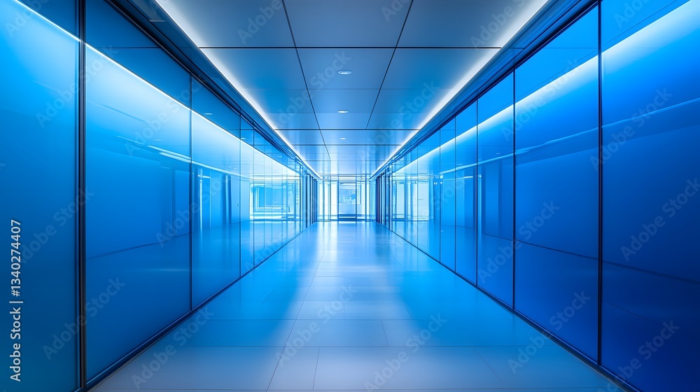 A long blue hallway extends into the bright distance A long blue hallway extends into the bright distance