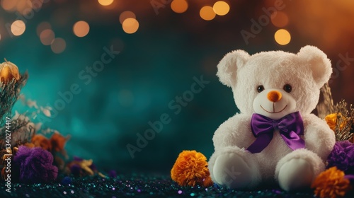 A soft white teddy bear sits calmly with a purple bow, surrounded by vibrant flowers and twinkling lights in a festive atmosphere