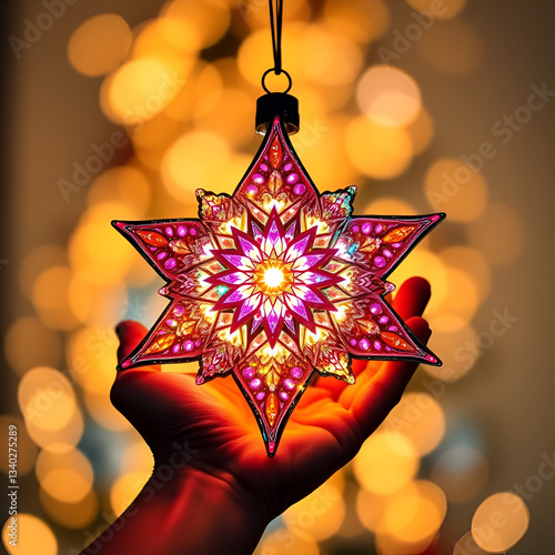dazzling, illuminated star-shaped ornament with intricate textures, glowing in vibrant multicolored lights