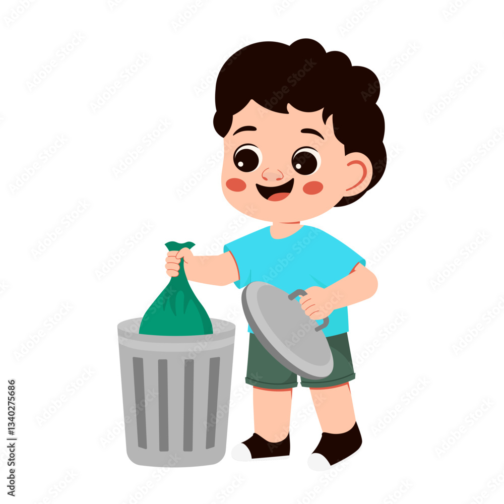 Cute Boy Throwing Trash in Bin Illustration Cute Boy Throwing Trash in Bin Illustration