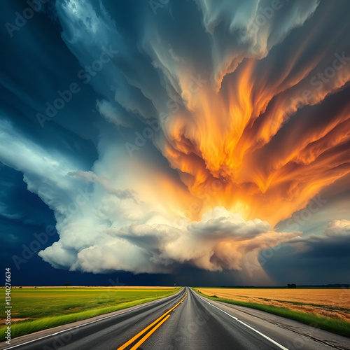 dramatic supercell storm with swirling. A rural road stretches into the horizon beneath the ominous sky, capturing the raw power and beauty of nature