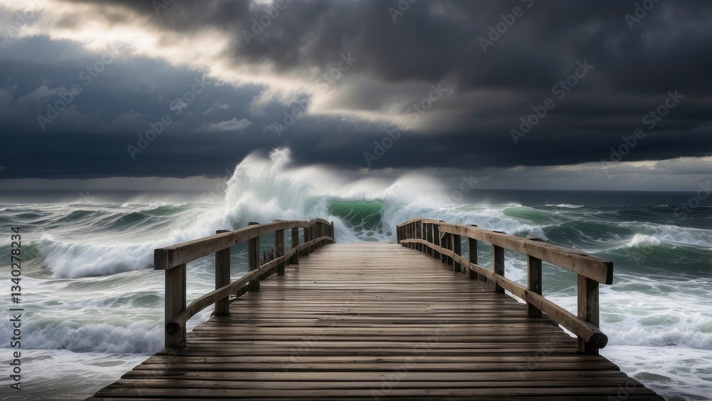 Obraz premium A weathered wooden pier extends across the foreground,