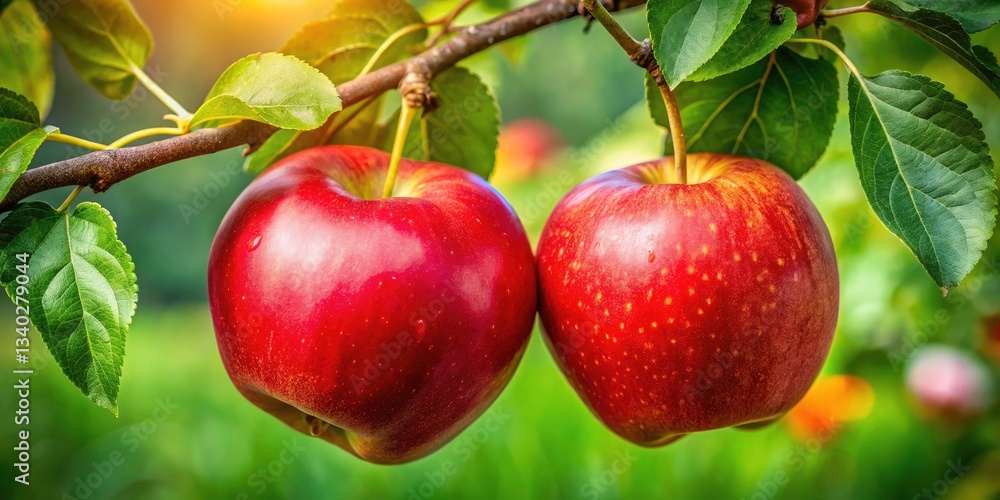 Obraz premium Juicy Red Apples Hanging on Branch - Candid Photography, Nature, Fruit, Autumn, Closeup, Macro, Apple Orchard, Farm Fresh, Organic Apples, Red Apple Branch