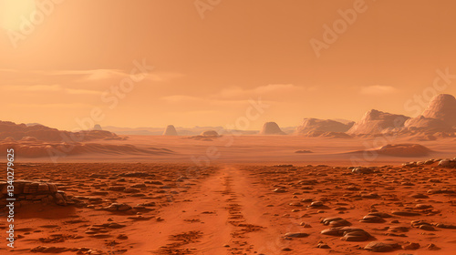 Majestic desert panorama showcasing the rugged terrain and unique features of elysium planitia with a vast expanse of orange and red sands.