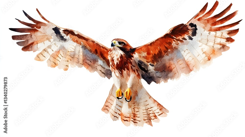 Obraz premium Watercolor painting of a hawk with wings spread widely
