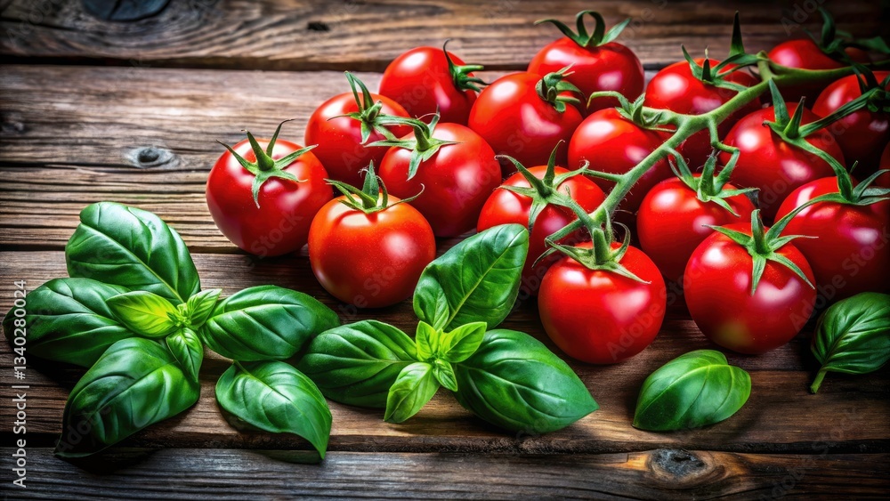 Long Exposure Photography: Ripe Tomatoes & Basil on Rustic Wood - Vibrant Food Photo Long Exposure Photography: Ripe Tomatoes & Basil on Rustic Wood - Vibrant Food Photo