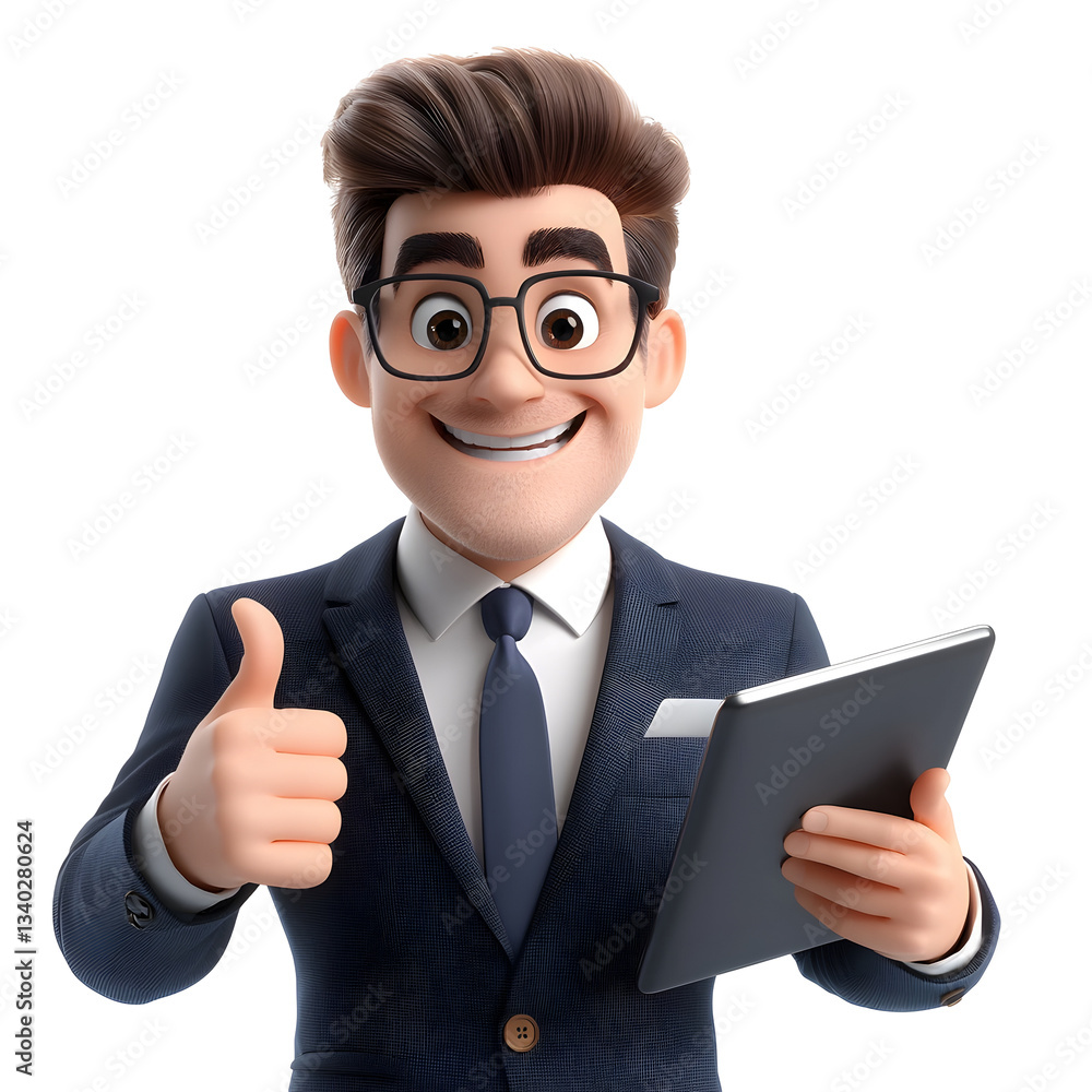 Smiling young professional in a smart business suit confidently gesturing a thumbs up while holding a digital tablet suggesting success innovation and a positive business attitude Smiling young professional in a smart business suit confidently gesturing a thumbs up while holding a digital tablet suggesting success innovation and a positive business attitude