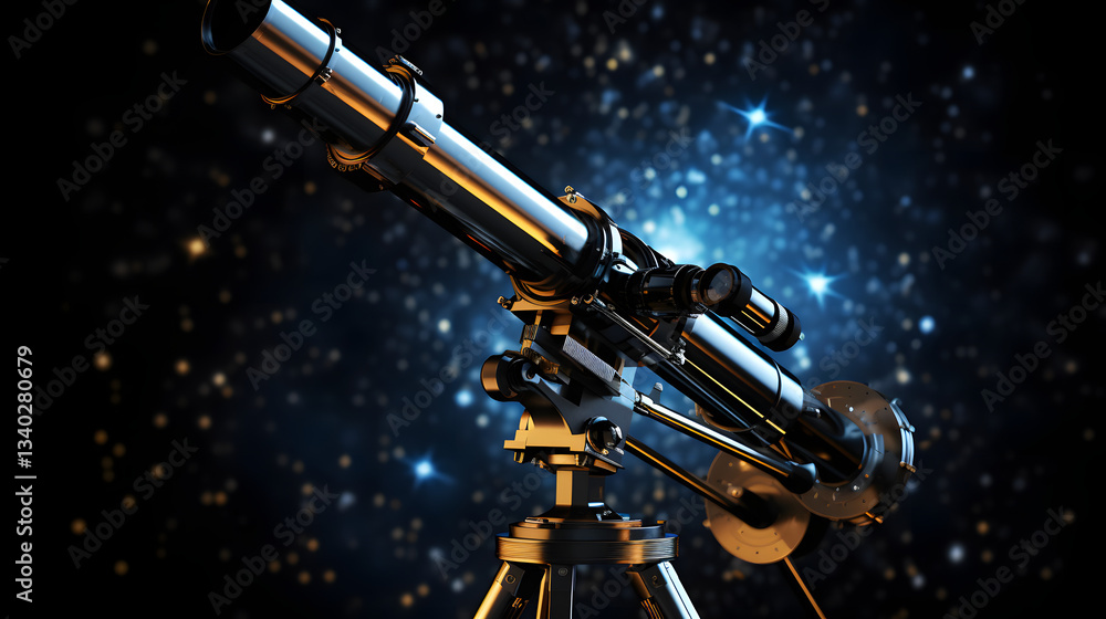 Fototapeta premium Telescope on tripod observing celestial bodies and gravity influences in the night sky with stunning astronomical perspective and details.