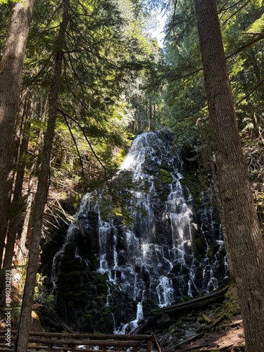 Ramona Falls, a 120-foot waterfall on the upper Sandy River, west side of Mount Hood in Oregon United States