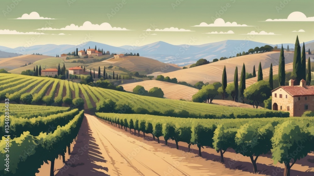 landscape with rolling hills, vineyards, cypress trees, and a charming farmhouse, generate AI landscape with rolling hills, vineyards, cypress trees, and a charming farmhouse, generate AI