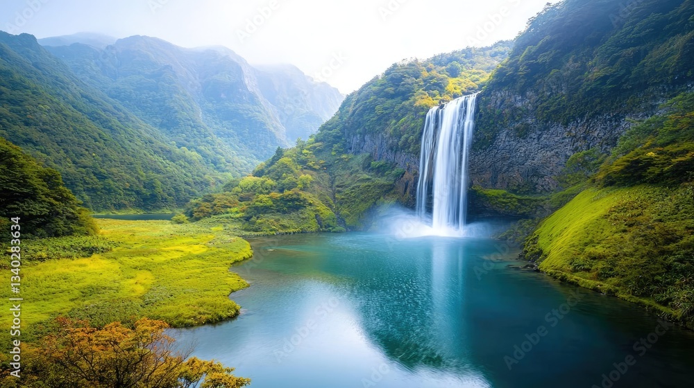 Fototapeta premium Waterfall landscapes idea. A stunning waterfall cascading into a serene lake surrounded by lush greenery.