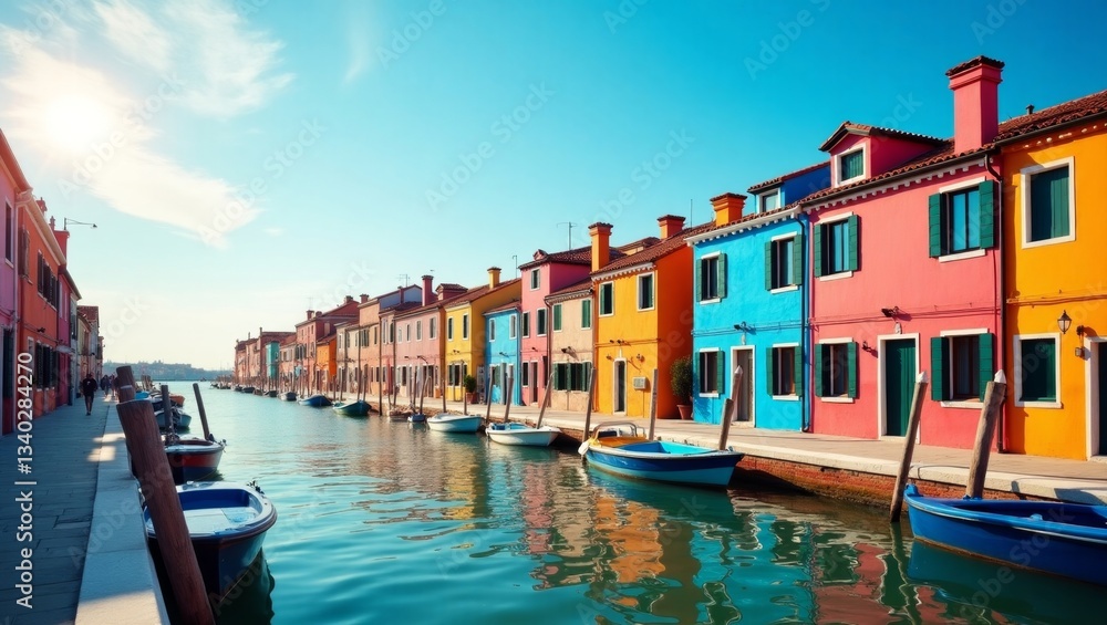 Obraz premium Charming canal scene with brightly colored houses and boats. A picturesque travel destination, generate AI