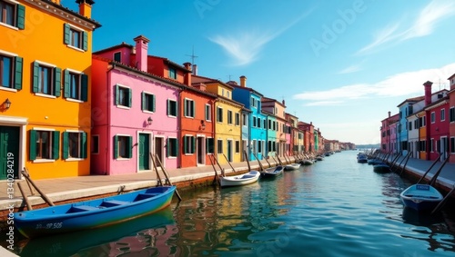Charming canal scene with brightly colored houses and boats. A picturesque travel destination, generate AI